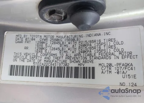 2004 Toyota Sienna Xle z USA, uszkodzony, nr VIN 5TDZA22C84S197302